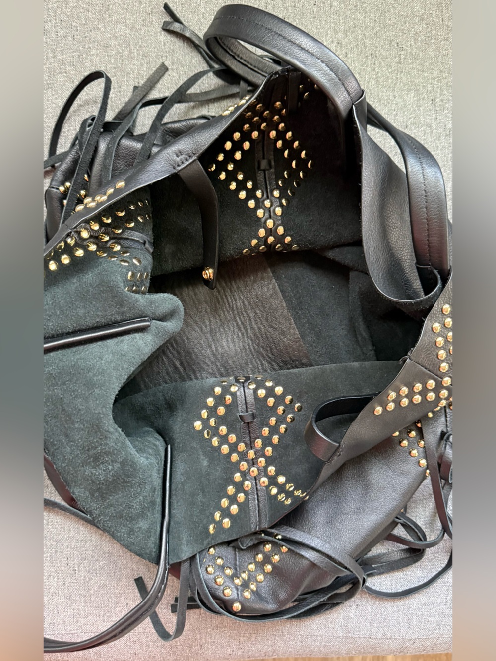 Blow The Belt Black Leather Studded Fringe Tote Bag Large Shoulder Bag Boho West - Picture 6 of 10